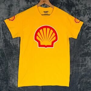 Gildan Shell Gas Station T-Shirt Mens S Yellow Red Logo Promo Graphic DryBlend